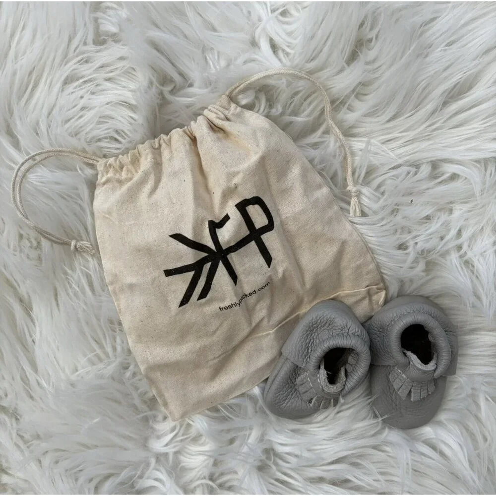 Freshly Picked Leather Moccasins in Dust Bag Grey 0-3 Months